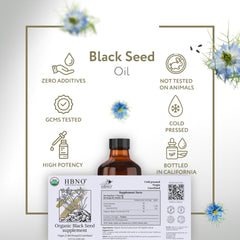 HBNO Organic Black Seed Oil packaging shot emphasizing USA-bottled quality.