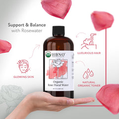HBNO rose water aroma bottle highlighting calming floral scent for daily rituals.