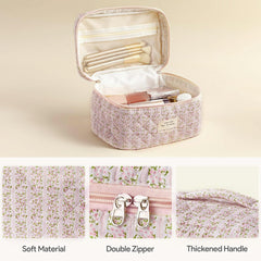 HBselect quilted makeup bag featuring a double zipper for easy access and neat packing.
