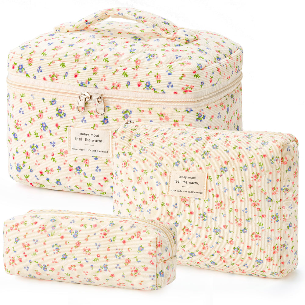 HBselect quilted makeup bag with large floral pattern for on-the-go cosmetics storage.