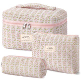 HBselect quilted makeup bag with floral pattern for stylish travel organization.