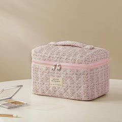 HBselect quilted makeup bag showing large capacity for cosmetics on the go.