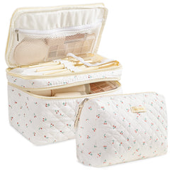 HBselect travel cotton quilted makeup bag large front view highlighting spacious storage.