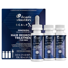 Head & Shoulders Scalp X minoxidil bottle front showing 5% formula for potential regrowth support.