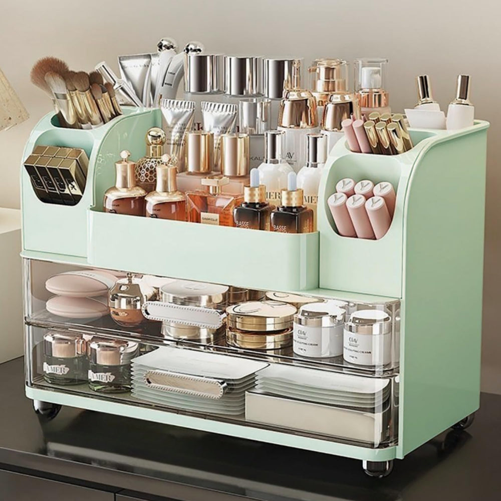 Heaime makeup organizer top compartment keeps tall bottles easily accessible.