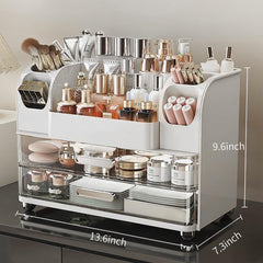 Heaime makeup organizer top compartments for tall serums and skincare bottles.