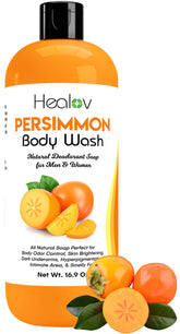 Healov Persimmon Body Wash bottle pouring for odor control and freshness.