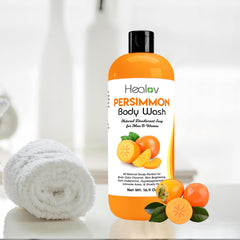 Healov Persimmon Body Wash lathering on skin for gentle hydration.