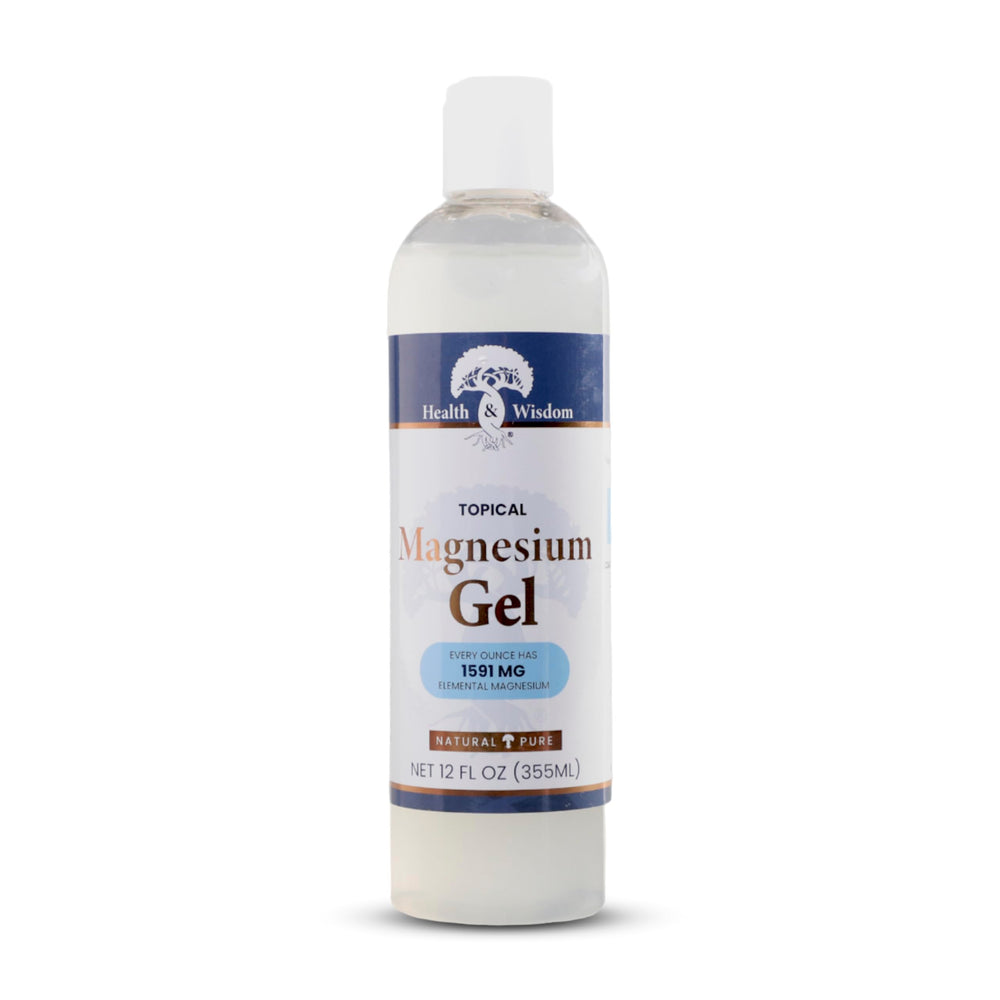 Health and Wisdom pure magnesium gel bottle closeup for targeted relief and skin hydration.