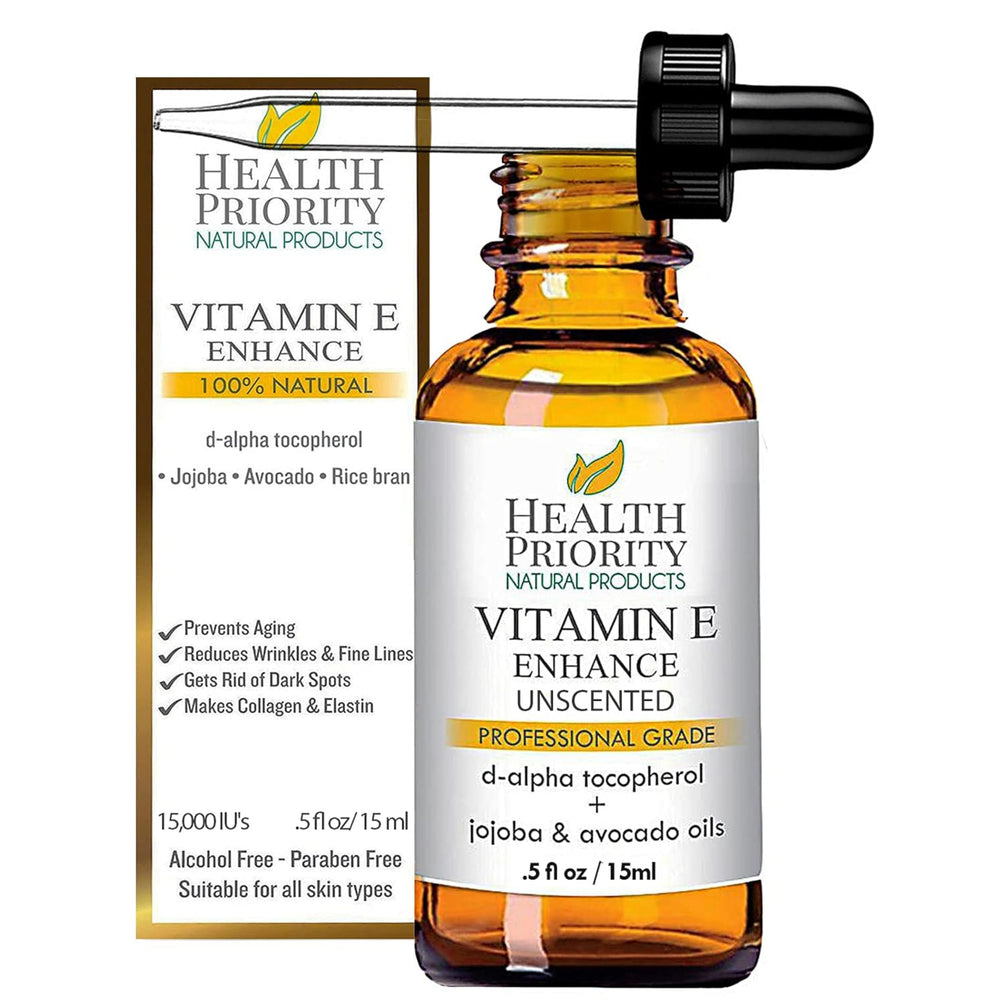 Health Priority Naturals Vitamin E oil bottle close-up for pure, unscented skincare and moisturized skin.