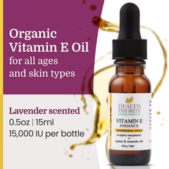 Health Priority Naturals Vitamin E Oil dropper application for facial hydration.