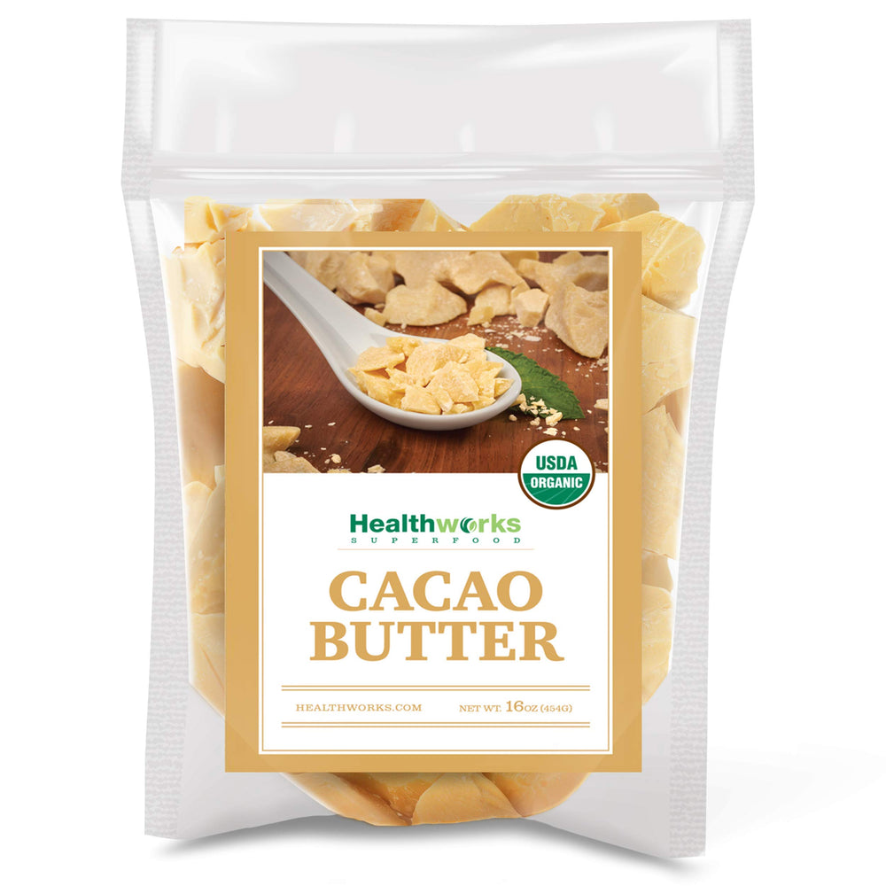 Healthworks cacao butter 16oz packaging, organic Peruvian butter for baking.