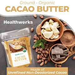 Healthworks cacao butter wafer form, convenient for quick chocolate and skincare blends.