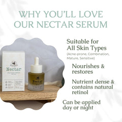 Hearth and Homestead Nectar Serum ingredients-label highlights cod liver oil and emu oil nutrients.
