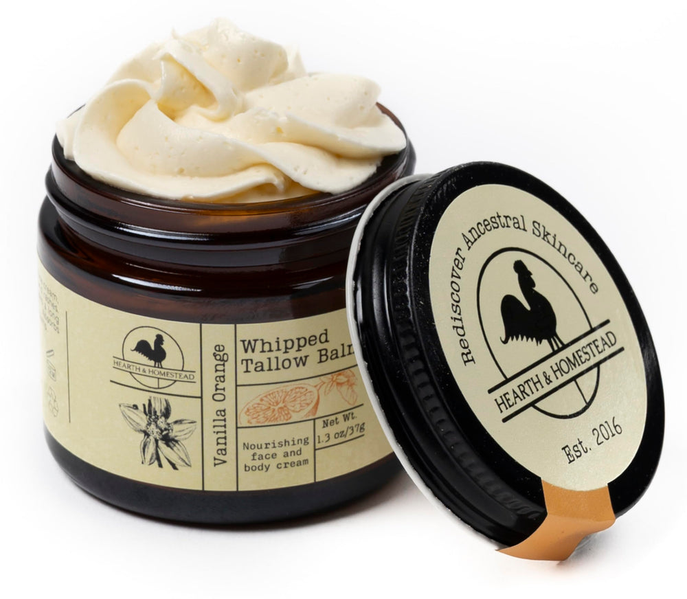 Hearth and Homestead whipped tallow balm Vanilla Orange jar provides daily moisturization for dry skin.