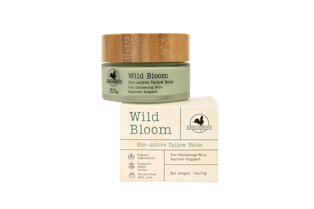 Hearth and Homestead Wild Bloom balm jar closeup showcases fast-absorbing hydration for daytime wear
