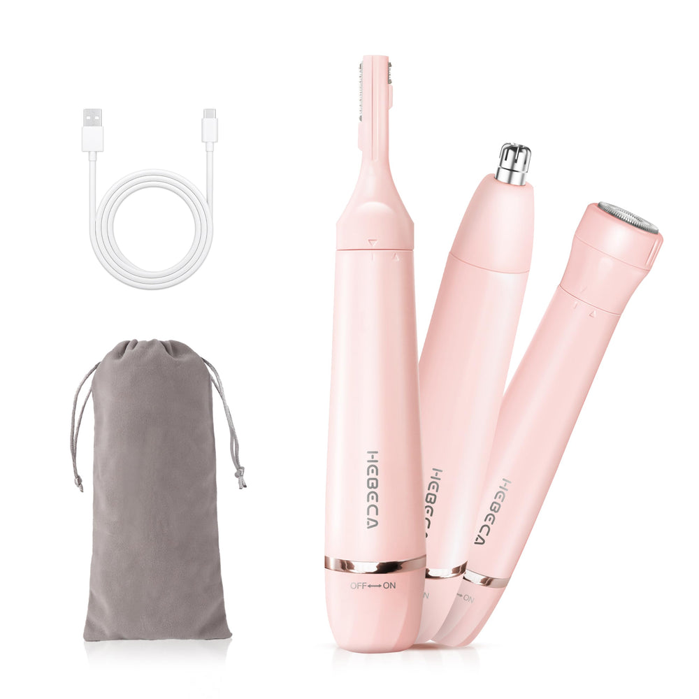 HEBECA 3-in-1 nose hair trimmer pink in hand for on-the-go grooming.