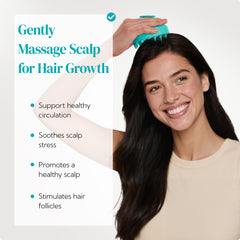 HEETA hair scalp massager close-up shows soft silicone bristles for gentle cleansing.