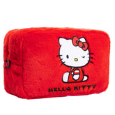 Hello Kitty fluffy makeup bag front view shows plush style for daily cosmetics organization.