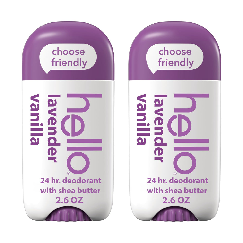 Hello Lavender Vanilla deodorant stick, two-pack, aluminum-free protection for daily freshness.