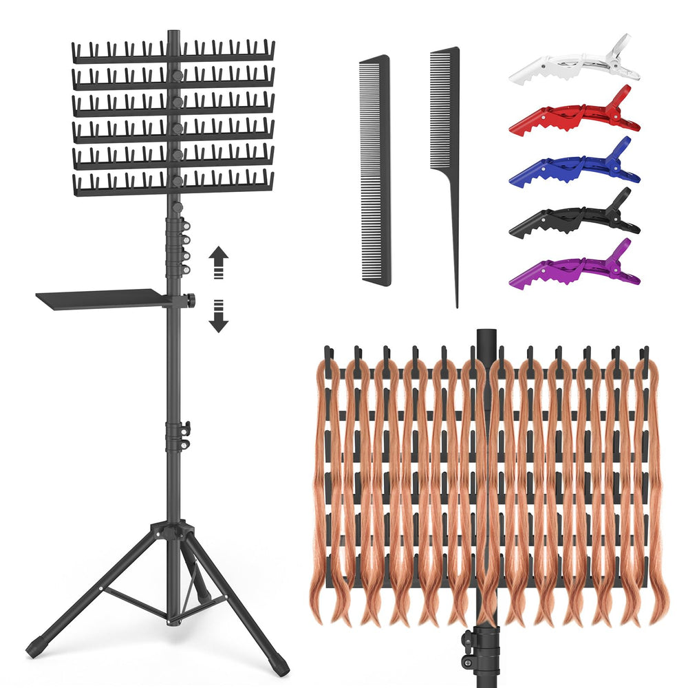 Hemndic braiding hair rack with tray keeps tools within reach during braiding