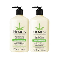 Hempz Age Defying bottle close-up highlighting deep hydration for daily skin care.