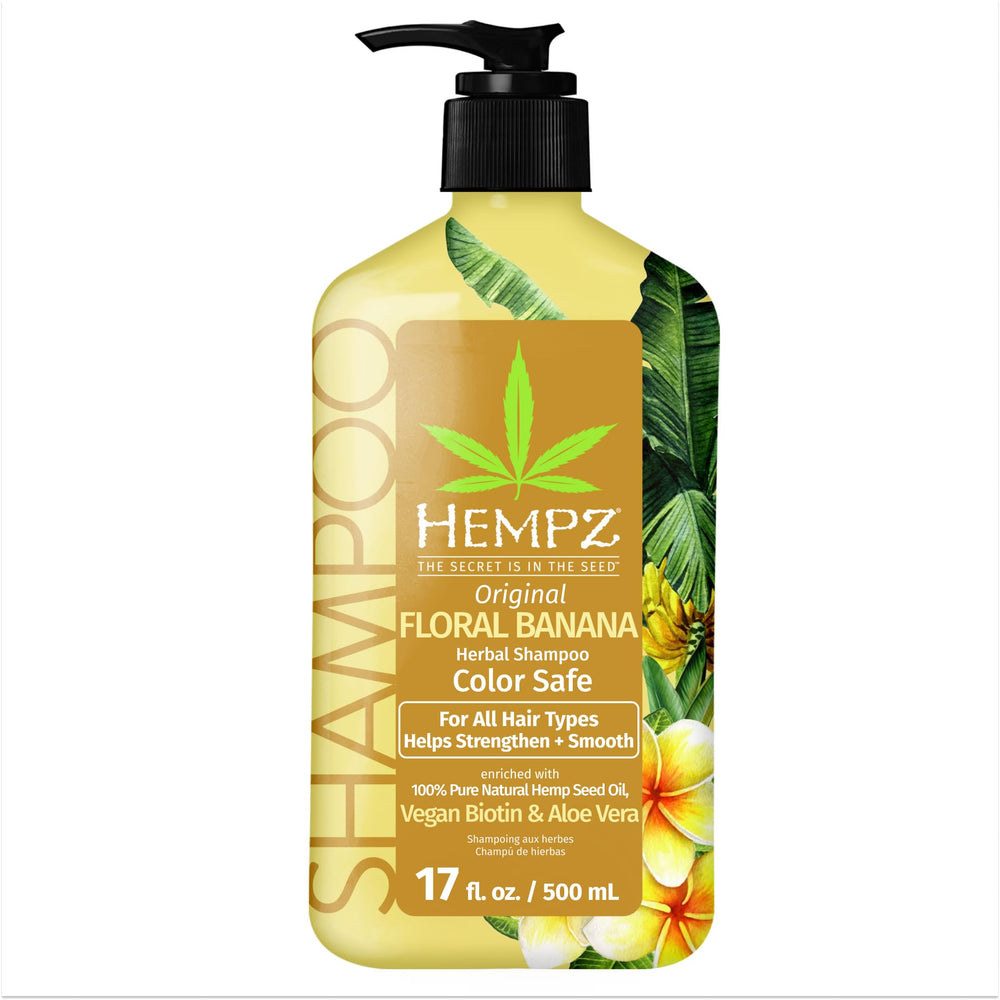 Hempz Biotin Hair Shampoo bottle with light floral banana scent for color-safe cleansing.
