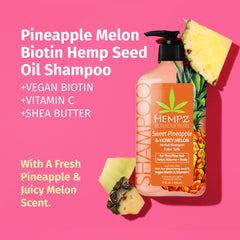Close-up of melon extract and avocado oil ingredients in Hempz Biotin Shampoo