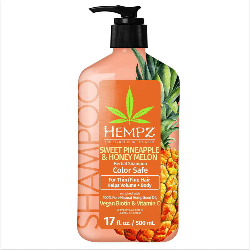 Hempz Biotin Shampoo bottle shows Sweet Pineapple and Honey Melon for color-safe nourishment