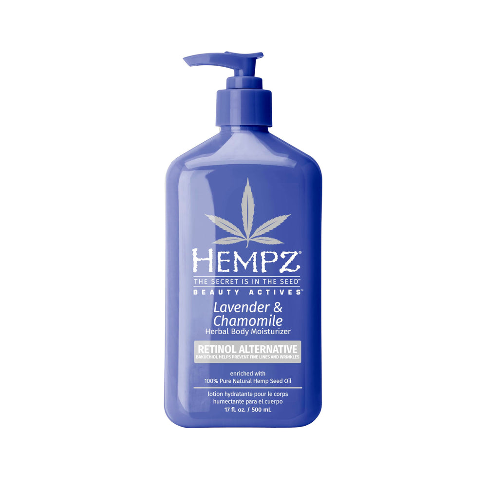 Hempz Lavender & Chamomile lotion bottle shows creamy hydration and calming scent.