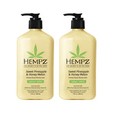 Hempz body lotion sweet pineapple honey melon bottle close-up demonstrates hydrating formula.