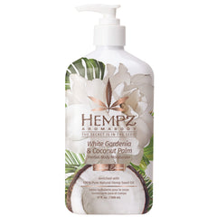 Hempz body lotion White Gardenia and Coconut Palm bottle shows tropical hydration for dry skin