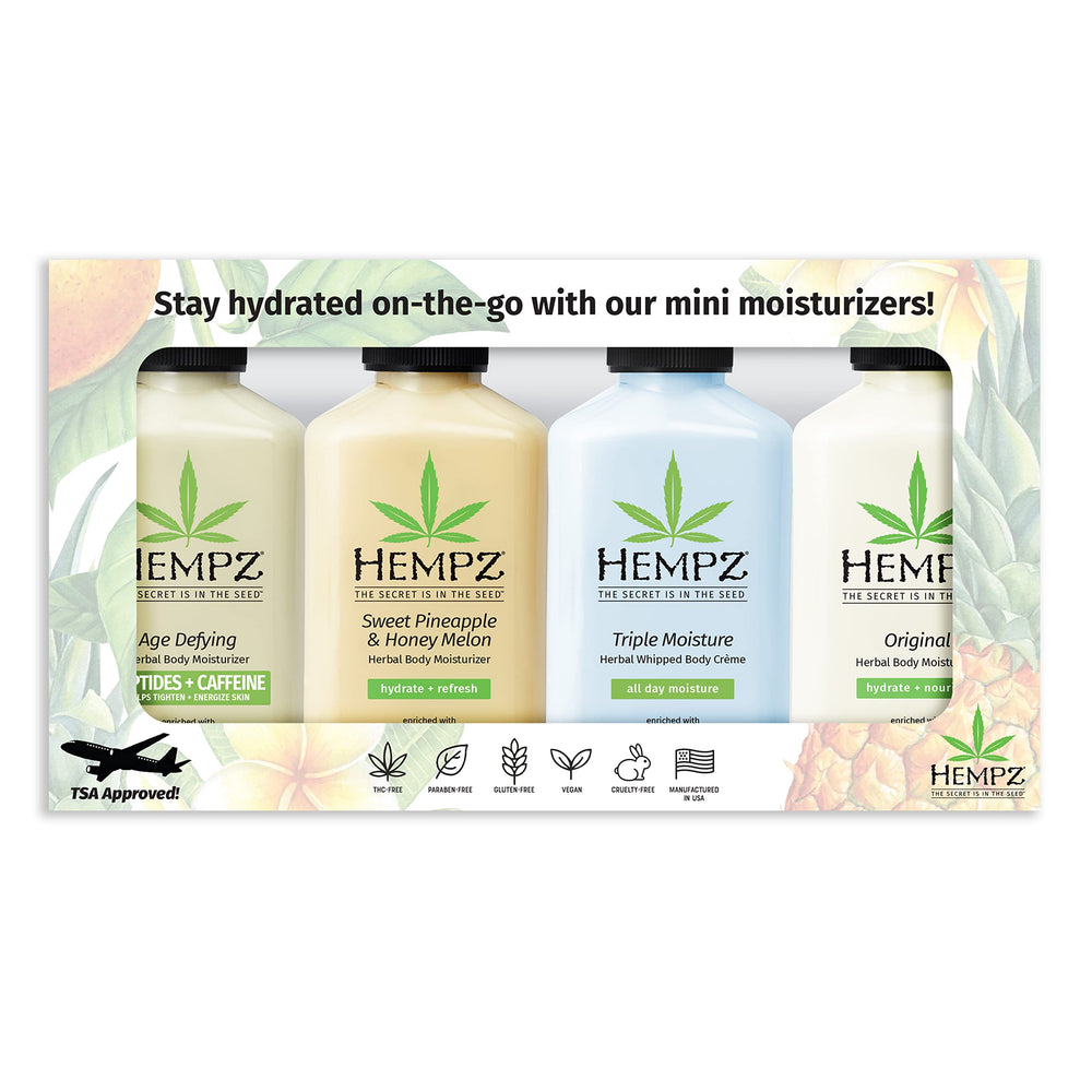 Hempz Everyday Favorities mini lotion set featuring Sweet Pineapple Honeymelon for travel hydration.