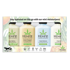 Hempz Everyday Favorities mini lotion set featuring Sweet Pineapple Honeymelon for travel hydration.