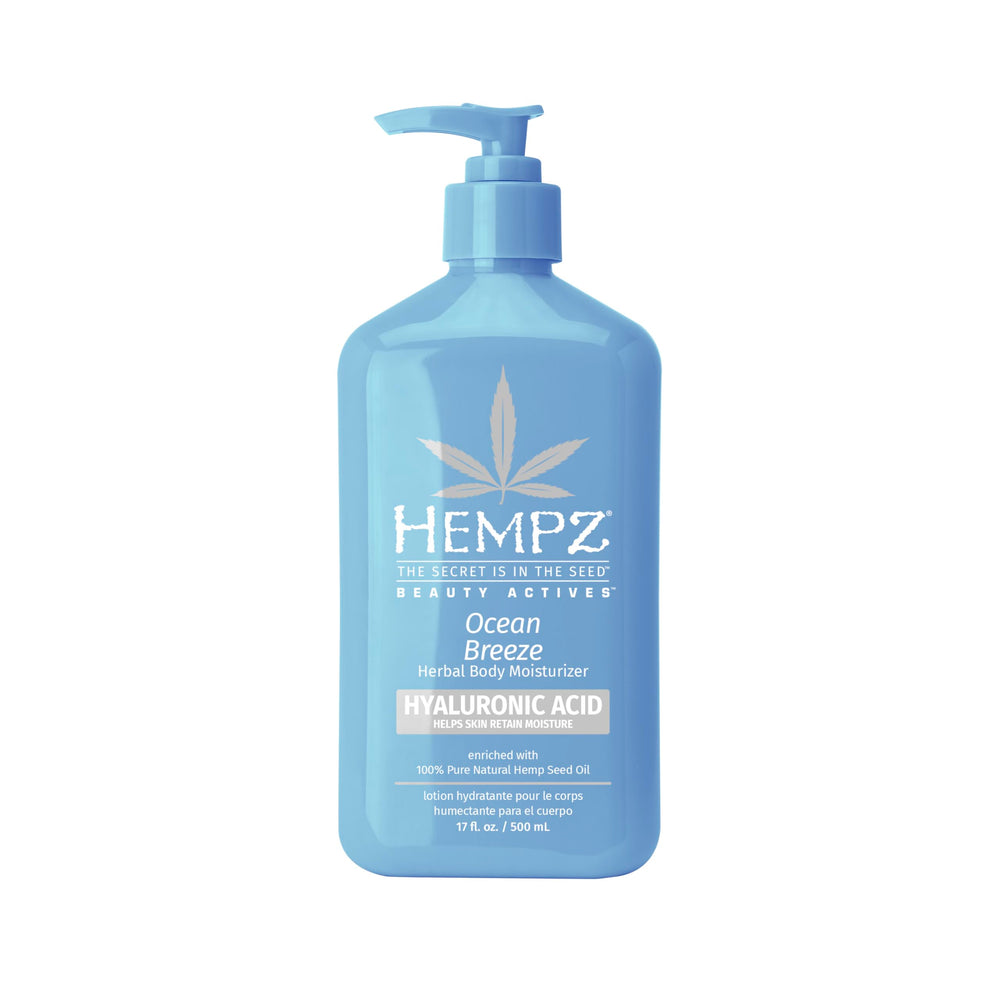 Hempz Ocean Breeze lotion bottle for daily moisturization and hydration.