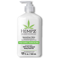 Hempz Sensitive Skin Moisturizer bottle showing fragrance-free hydration for sensitive skin