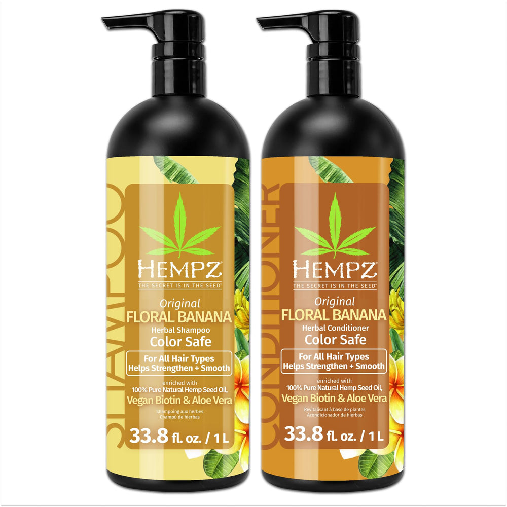 Hempz shampoo and conditioner duo bottles demonstrate color-safe hydration for damaged hair.