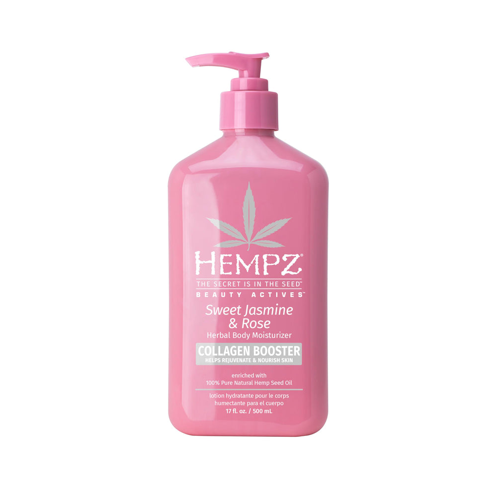 Hempz Sweet Jasmine & Rose body lotion bottle showing hydrating formula for dry skin