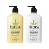 Hempz Sweet Pineapple & Honey Melon bottle pour for quick daily hydration.