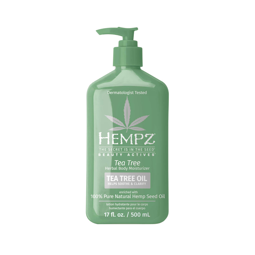 Hempz Tea Tree Herbal Body Moisturizer 17oz tub front view promotes soft, refreshed skin.
