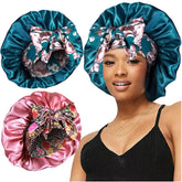 Heniho large silky bonnet with bow tie stays securely on the head overnight.