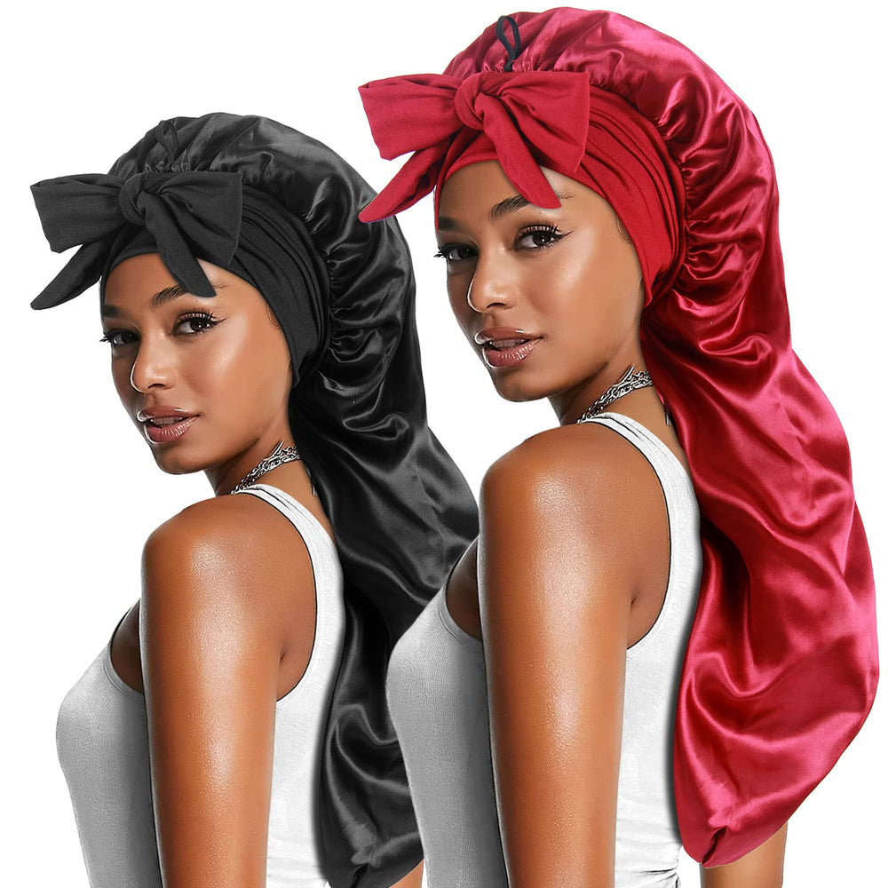 Heniho long satin bonnet designed for braid and locs to preserve moisture overnight.