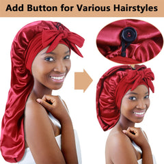 Heniho satin bonnet detailing shows a handy button for heavy hair.