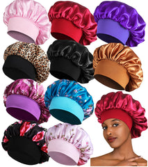 Heniho satin bonnet with wide band on head for secure overnight comfort.