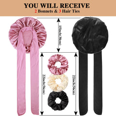 Heniho satin bonnet with scrunchies close-up showing hair-friendly satin fibers