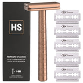 Henson Shaving copper razor with angled 30-degree head for smoother shaving.