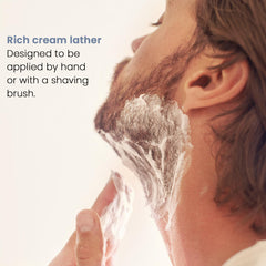 Henson Shaving shave cream application scene demonstrating rich lather for close, comfortable shave