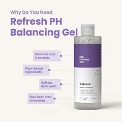 Her Fantasy Box Refresh bottle closeup highlights fragrance-free formula for sensitive skin