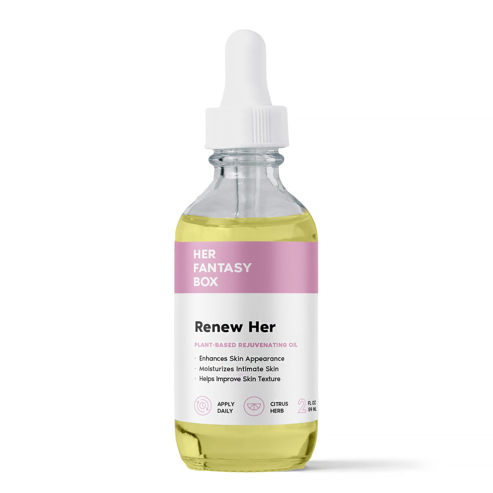 Her Fantasy Box Renew Her oil bottle closeup for nourishing, balanced skin
