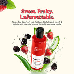 Her Fantasy Box Yummy Body Wash label close-up highlighting natural ingredients and citrus scent.